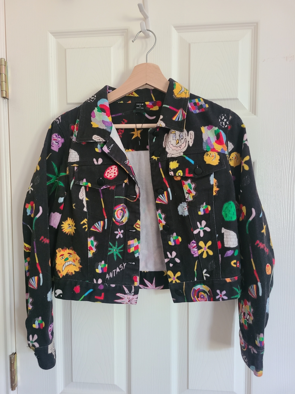 SHEIN Black Denim Jacket with Multicolor Graphic Prints